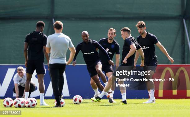 England's Fabian Delph, Harry Kane, Phil Jones and Gary Cahill during the training session at the Spartak Zelenogorsk Stadium.