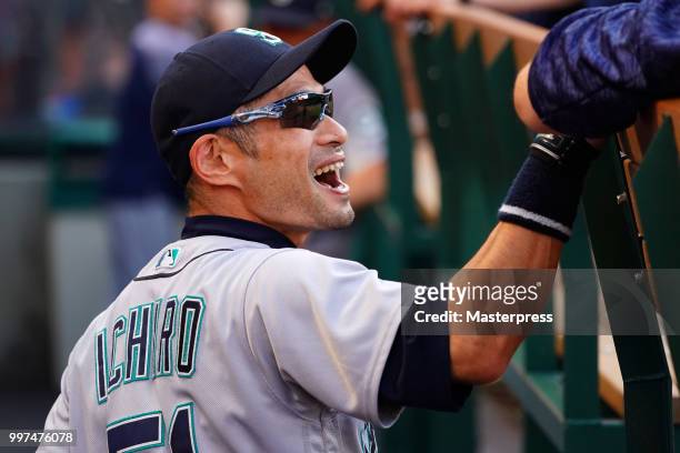 Ichiro Suzuki of the Seattle Mariners smiles during the MLB game against the Los Angeles Angels at Angel Stadium on July 12, 2018 in Anaheim,...