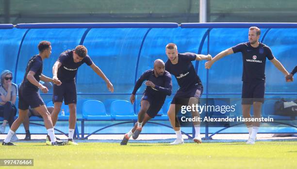 Players take part in a drill during an England training session during the 2018 FIFA World Cup Russia at Spartak Zelenogorsk Stadium on July 13, 2018...