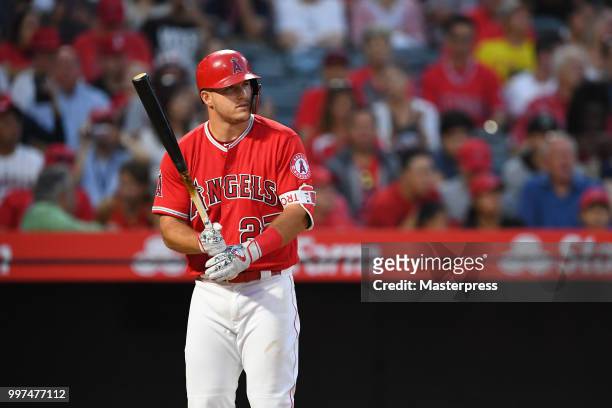 Mike Trout of the Los Angeles Angels of Anaheim at bat during the MLB game against the Seattle Mariners at Angel Stadium on July 12, 2018 in Anaheim,...