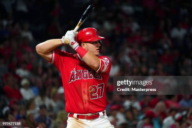 Mike Trout of the Los Angeles Angels of Anaheim at bat during the MLB game against the Seattle Mariners at Angel Stadium on July 12, 2018 in Anaheim,...