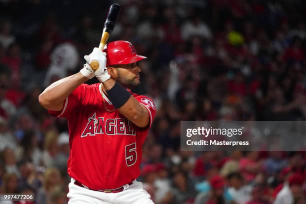 Albert Pujols of the Los Angeles Angels of Anaheim at bat during the MLB game against the Seattle Mariners at Angel Stadium on July 12, 2018 in...