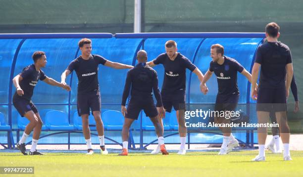 Players take part in a drill during an England training session during the 2018 FIFA World Cup Russia at Spartak Zelenogorsk Stadium on July 13, 2018...