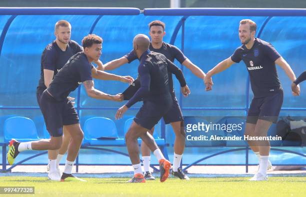 Players take part in a drill during an England training session during the 2018 FIFA World Cup Russia at Spartak Zelenogorsk Stadium on July 13, 2018...