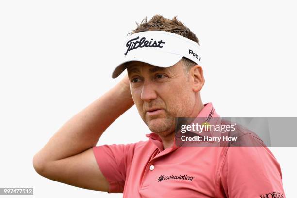 Ian Poulter of England reacts after his par putt on hole two during day two of the Aberdeen Standard Investments Scottish Open at Gullane Golf Course...