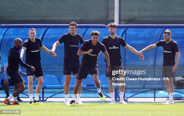 England's Fabian Delph, Phil Jones, Harry Maguire, Dele Alli, Gary Cahill and Jamie Vardy during the training session at the Spartak Zelenogorsk...