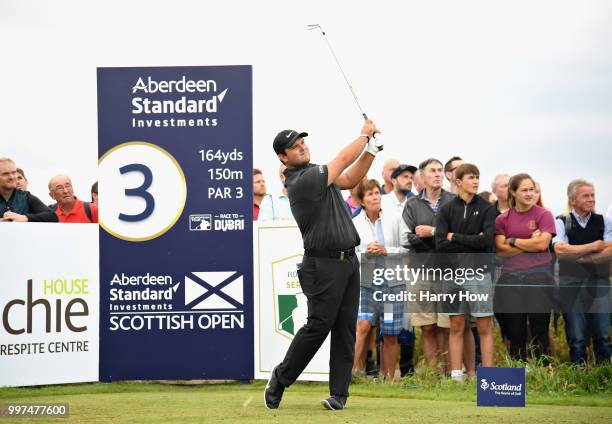 Patrick Reed of USA takes his tee shot on hole three during day two of the Aberdeen Standard Investments Scottish Open at Gullane Golf Course on July...