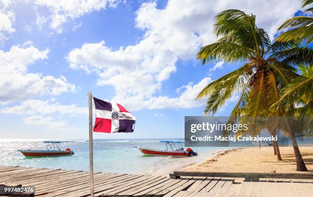 caribbean beach and dominican republic flag - dominican republic flag 個照片及圖片檔