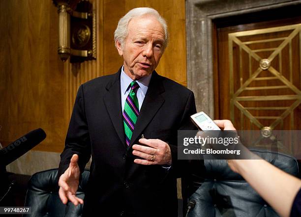 Senator Joseph Lieberman, an independent from Connecticut, speaks to the media after a Senate Homeland Security Committee hearing about the Gulf...