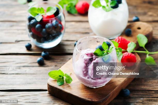 ice cream with fresh berry and mint - mint ice cream stock pictures, royalty-free photos & images