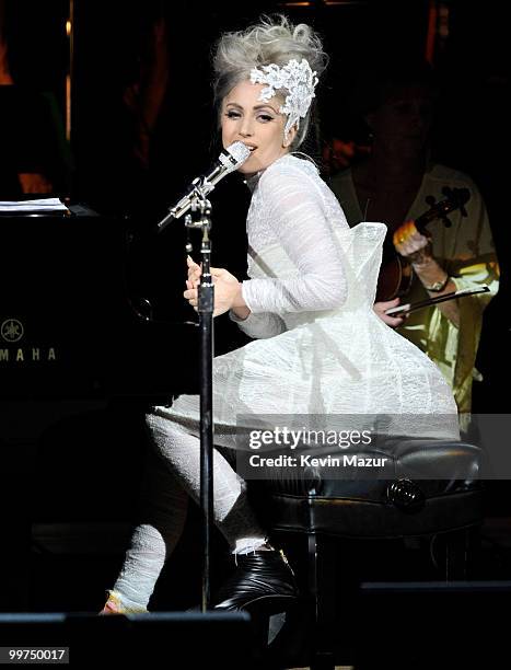 Lady Gaga performs on stage during the Almay concert to celebrate the Rainforest Fund's 21st birthday at Carnegie Hall on May 13, 2010 in New York...