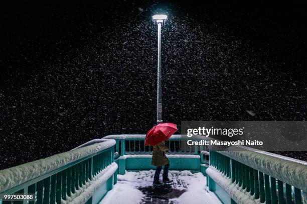 A person under an umbrella on a snow covered pier at night.