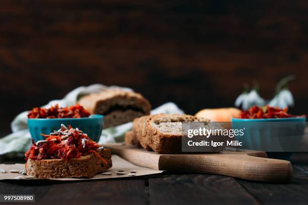 homemade integral bread and vitamin salad - bread salad stock pictures, royalty-free photos & images