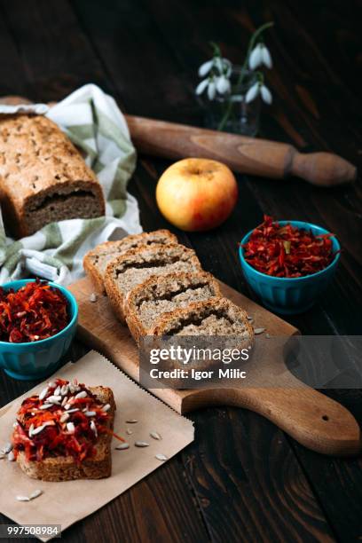 homemade integral bread and vitamin salad - bread salad stock pictures, royalty-free photos & images