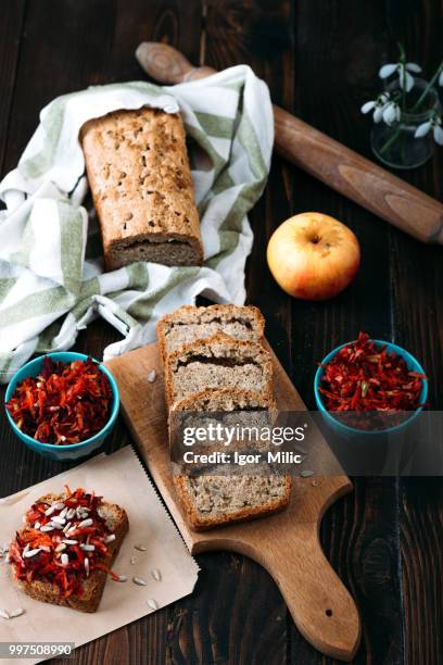 homemade integral bread and vitamin salad - bread salad stock pictures, royalty-free photos & images