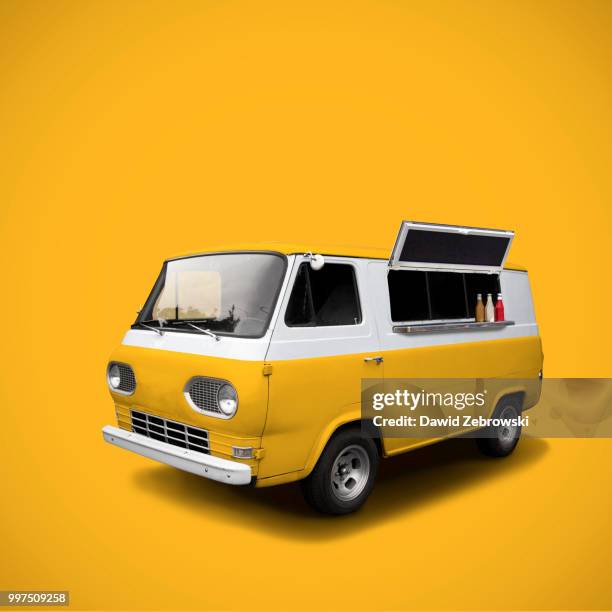 yellow fast food truck on yellow background template - food truck template stock pictures, royalty-free photos & images