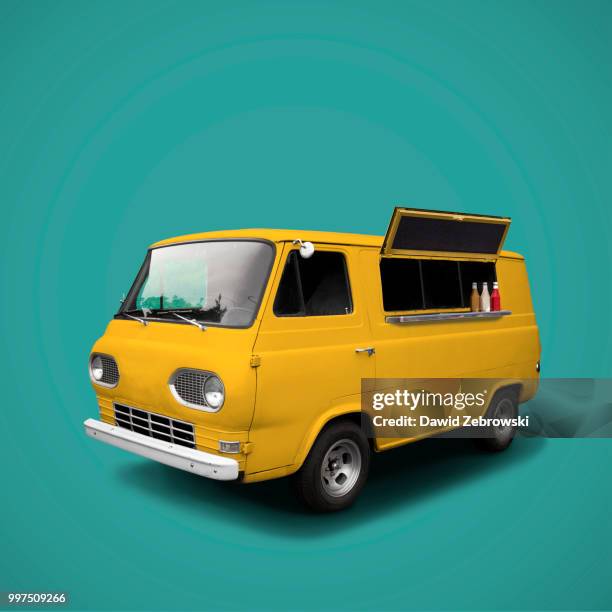 yellow fast food truck on blue background template - food truck template stock pictures, royalty-free photos & images