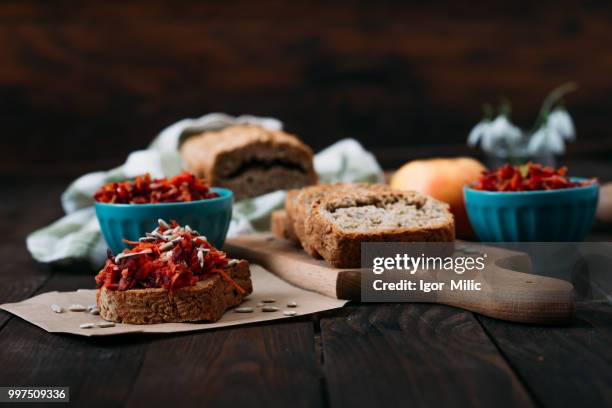 homemade integral bread and vitamin salad - bread salad stock pictures, royalty-free photos & images