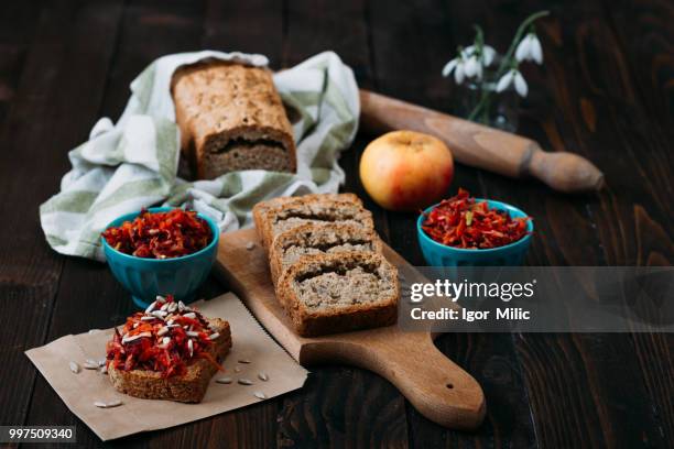 homemade integral bread and vitamin salad - bread salad stock pictures, royalty-free photos & images