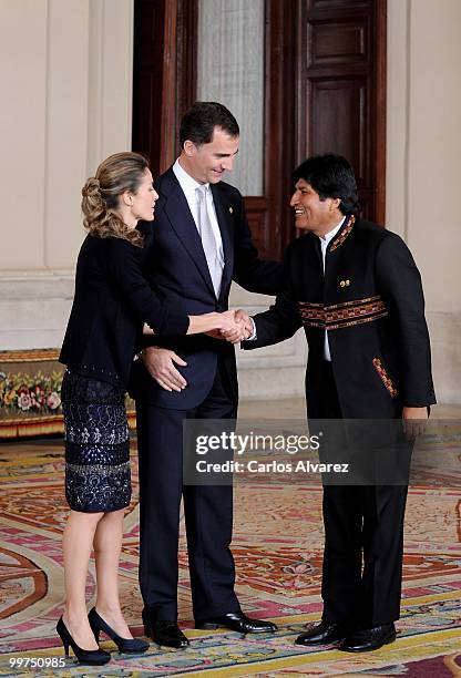 Prince Felipe of Spain and Princess Letizia of Spain receive President of Bolivia Evo Morales during the "VI European Union - Latin America and...