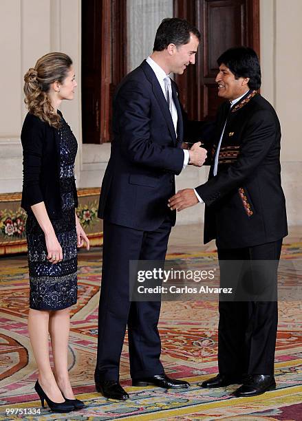 Prince Felipe of Spain and Princess Letizia of Spain receive President of Bolivia Evo Morales during the "VI European Union - Latin America and...