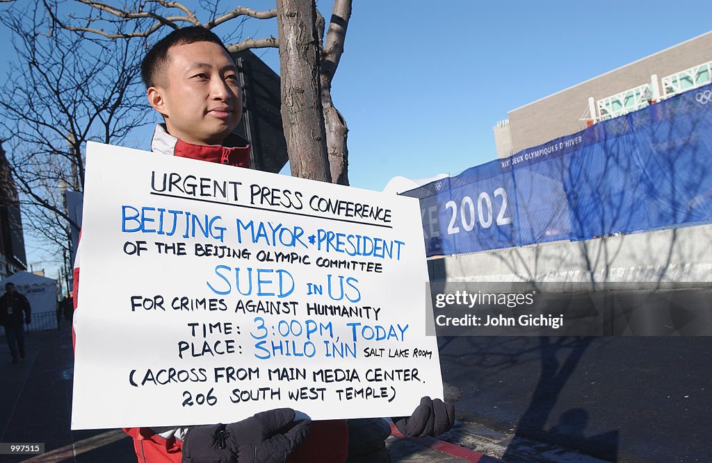 Olympic Protester outside the Main Media Center