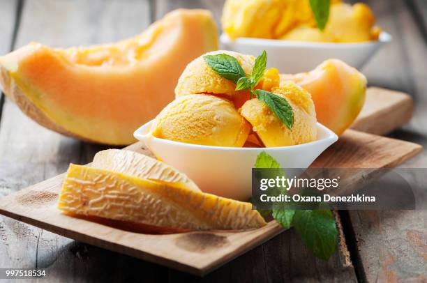 fresh ice-cream with melon and mint - mint ice cream stock pictures, royalty-free photos & images