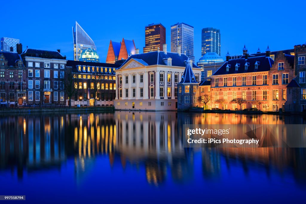 Skyline of The Hague at dusk during blue hour