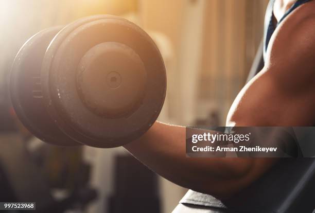 muscular man lifting dumbbell - arman zhenikeyev fotografías e imágenes de stock