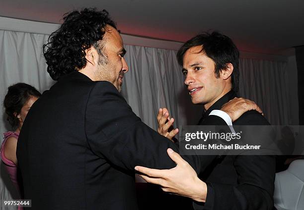 Director Alejandro Gonzalez Inarritu and juror Gael Garcia Bernal attend the Biutiful Party at the Majestic Beach during the 63rd Annual Cannes Film...