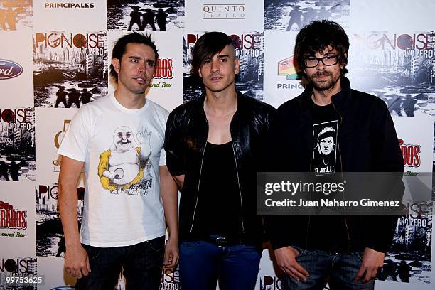 Hector Polo, Alvaro Benito and Pablo Alonso of the group Pignoise attend their new album 'Ano zero' presentation at Teatro Quinto on May 17, 2010 in...