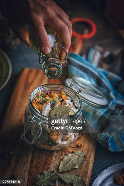 preserving organic mushrooms in jars - preserved in oil stock pictures, royalty-free photos & images