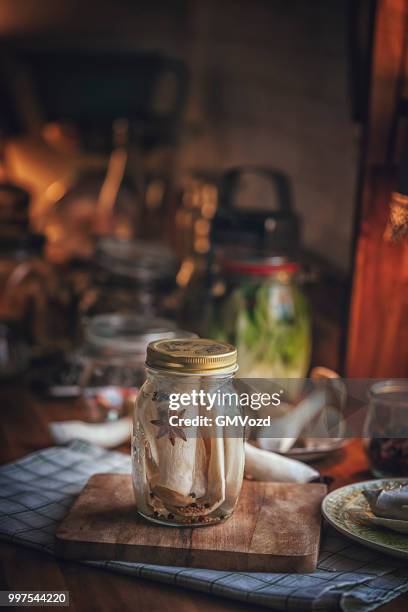 preserving organic mushrooms in jars - gmvozd stock pictures, royalty-free photos & images