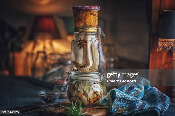 preserving organic mushrooms in jars - preserved in oil stock pictures, royalty-free photos & images