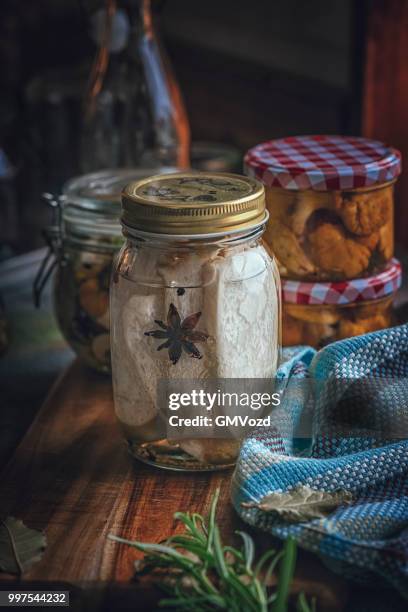 preserving organic mushrooms in jars - gmvozd stock pictures, royalty-free photos & images