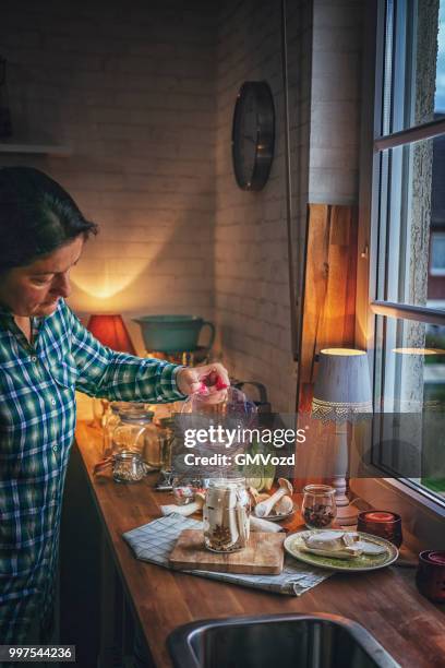 preserving organic mushrooms in jars - preserved in oil stock pictures, royalty-free photos & images