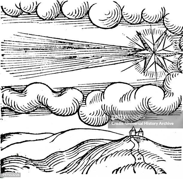 Woodcut engraving depicting the comet of 384 AD, as seen in Basel, Switzerland. Dated 16th century.