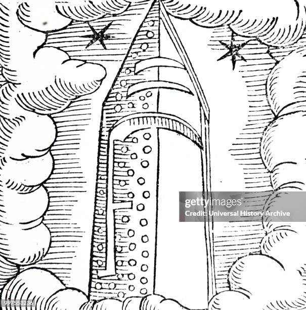Woodcut engraving depicting the comet of 1479 seen through clouds, Basel, Switzerland. Dated 16th century.