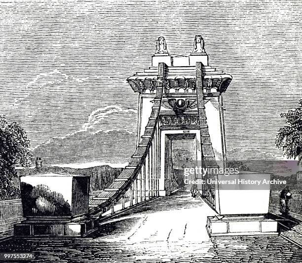 Engraving depicting the Clifton suspension bridge over the Avon Gorge. This bridge, designed by I.K. Brunel in 1831, was not built until after his...