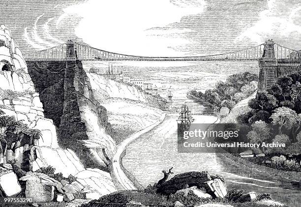 Engraving depicting the Clifton suspension bridge over the Avon Gorge. This bridge, designed by I.K. Brunel in 1831, was not built until after his...