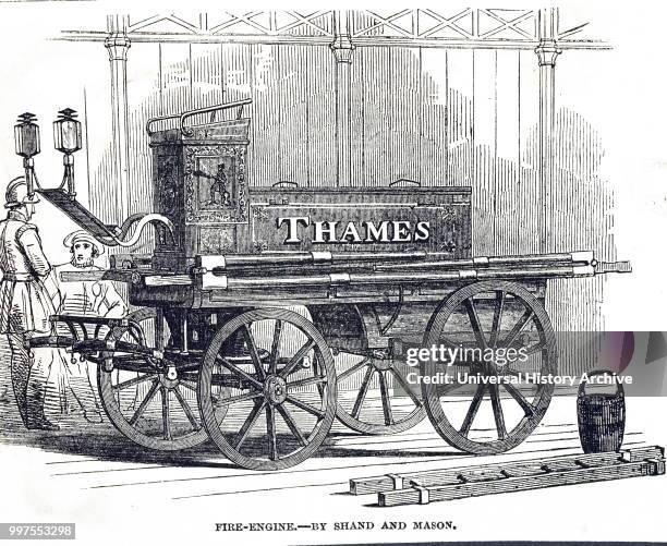 Engraving depicting Shand and Mason's fire engine, used by the London Fire Brigade. Dated 19th century.