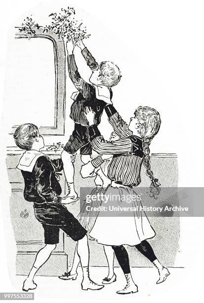 Illustration depicting French children putting up Christmas decorations. Illustrated by Ethel Mars an American woodblock print artist. Dated 19th...