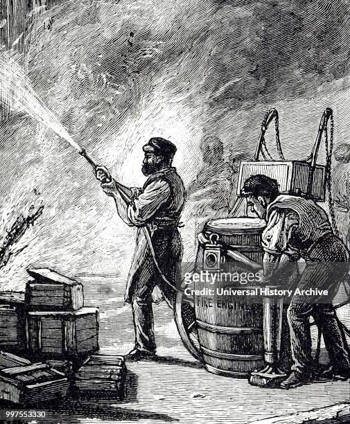 Engraving depicting a small portable fire engine carrying an initial charge of 36 gallons of water thus enabling it to attack a blaze without a delay...
