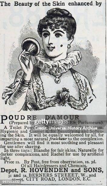 Advertisement for Pordre d'Amour, a toilet powder used to beautify and soften skin. Dated 19th century.