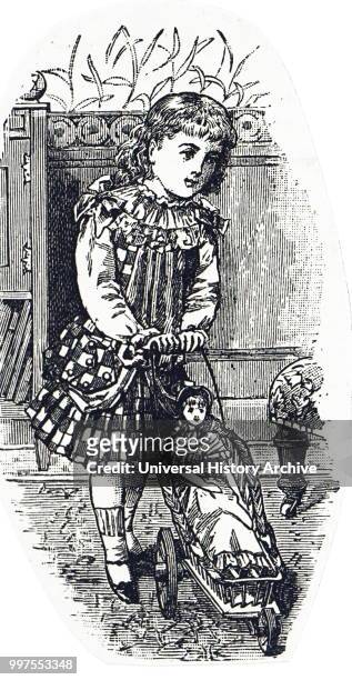 Engraving depicting a little girl playing with a doll and doll's pram. Dated 19th century.