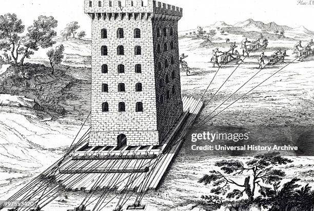 Woodcut engraving depicting a Medieval siege tower from an 18th century military manual by William Henry Toms. Dated 18th century.