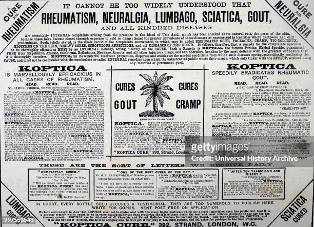 Advertisement for the miracle cure of Koptica for rheumatism, neuralgia, lumbago, sciatica, gout, and all kindred diseases. Dated 19th century.