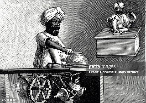 Engraving depicting an Indian magician. Driven by clockwork, the magician tapped an inverted 'basket' with his wand and then raised the basket to...