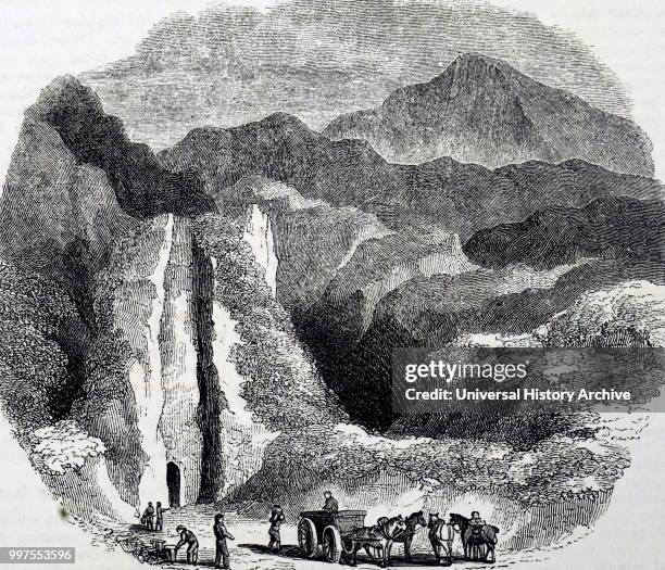 Engraving depicting the mouth of Odin's Mine, Derbyshire. The workings in the lead mine, which was thought to have been in use since Roman times,...