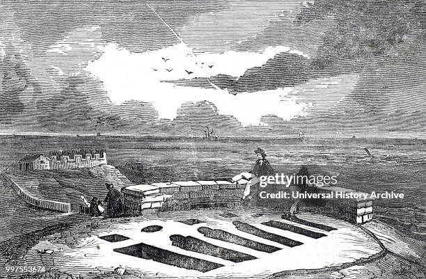 Engraving depicting a burial site, thought to be Saxon, near Lower Heysham, Lincolnshire. Burial chambers were cut into the solid rock. Dated 19th...